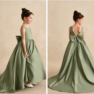 Azazie Sage Green Formal Kids Dress with Bow
